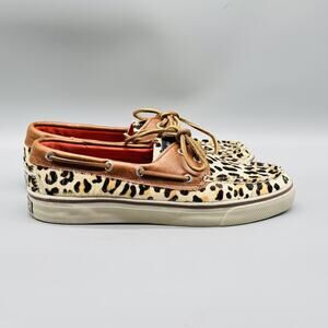 Sperry Shoes Women 7.5 Brown Leather Calf Hair Top Sider Leopard Print Boat Deck